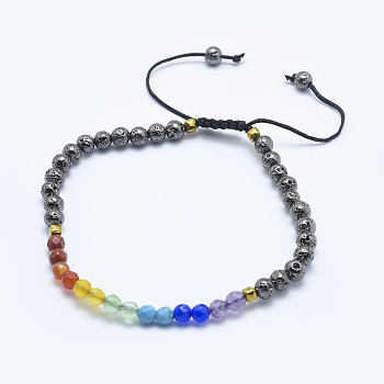 Electroplated Natural Lava Rock Braided Bead Bracelets, with Mixed Gemstone and Nylon Cord, Faceted, Gunmetal, 2-1/8 inch(5.5cm)~3-1/4 inch(8.3cm)