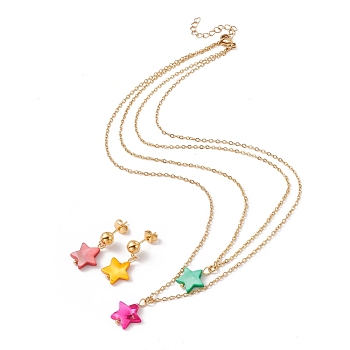 Synthetic Shell Star Pendant Double Layer Necklaces and Dangle Stud Earrings, Gold Plated 304 Stainless Steel Jewelry Sets for Women, Mixed Color, 16.22 inch(41.2cm), 24mm, Pin: 0.8mm