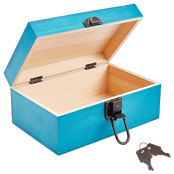 Pinewood Box, with Word Vintage Pattern & Iron Keys, Storage Box, Rectangle, Dark Turquoise, 15.1x21.5x9.5cm, Iron Keys: 40x19x1mm, 2pcs/set