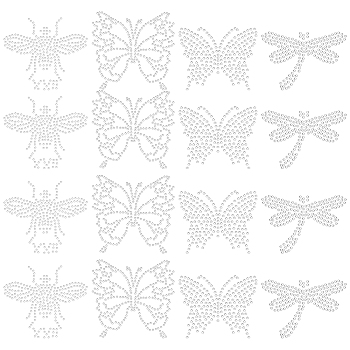 Fingerinspire 48 Sheets 4 Style Glitter Hotfix Rhinestone, Iron on Patches, Dress Shoes Garment Decoration, Butterfly & Bee & Dragonfly, Crystal, 45~65x60~74x1mm, 12sheets/style