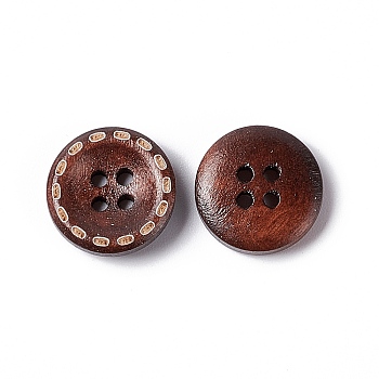4-hole Central Sunken Round Buttons, Wooden Buttons, Coconut Brown, about 15mm in diameter, 100pcs/bag