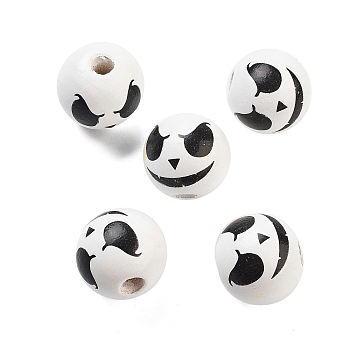 Printed Wood European Beads, Halloween Theme Beads, Round, White, 16x15mm, Hole: 4mm