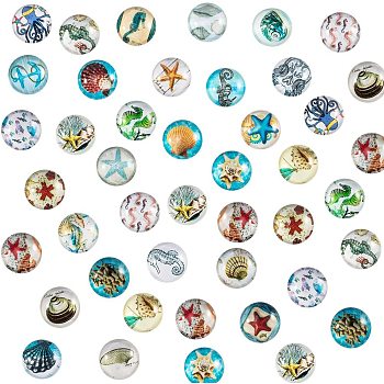Flatback Glass Cabochons for DIY Projects, Dome/Half Round, Ocean Theme, Mixed Pattern, Mixed Color, 12x4mm, 140pc/box
