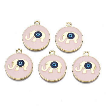 Alloy Enamel Pendants, Real 16K Gold Plated, Cadmium Free & Nickel Free & Lead Free, Flat Round with Elephant and Evil Eye, Misty Rose, 24.5x21x2.5mm, Hole: 2mm