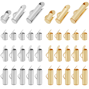 120Pcs 6 Style 304 Stainless Steel Slide On End Clasp Tubes, Slider End Caps, Real Gold Plated & Stainless Steel Color, 6~13x5.5~6x4mm, Hole: 2~3.5x1~1.5mm, Inner Diameter: 3mm, 20Pcs/style