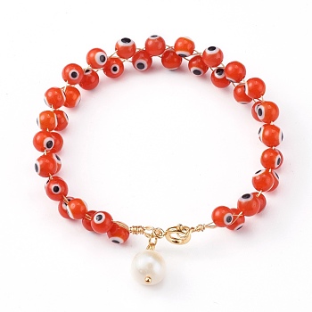 Natural Pearl Charm Bracelets, with Handmade Evil Eye Lampwork Beads and Cardboard Box, Round, Golden, Red, 7-1/2 inch(19cm)