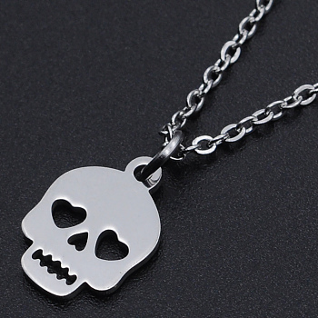 For Halloween, 201 Stainless Steel Pendant Necklaces, with Cable Chains and Lobster Claw Clasps, Skull, Stainless Steel Color, 15.74 inch(40cm), 1.5mm