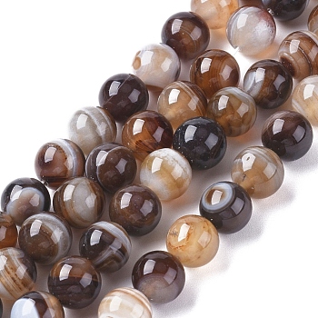 Natural Striped Agate/Banded Agate Beads Strands, Dyed & Heated, Round, Sienna, 10mm, Hole: 1.2mm, about 37pcs/strand, 14.65 inch(37.2cm)