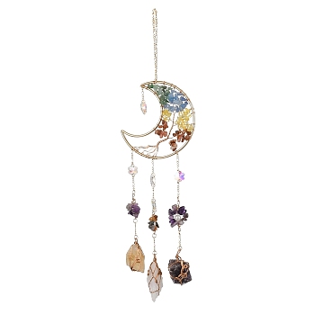 Natural Gemstone Wind Chime, with Glass Beads and Iron Findings, Moon, Golden, 356mm