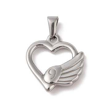 304 Stainless Steel Pendants, Heart with Wing Charm, Stainless Steel Color, 23.5x21.5x4.5mm, Hole: 5.5x3mm
