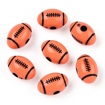 Spray Printed Opaque Acrylic European Beads, Large Hole Beads, Rugby, Coral, 18x12mm, Hole: 4mm, about 500pcs/500g