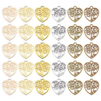 60Pcs 6 Colors Alloy Pendants, Heart with Tree Pattern Charm, Mixed Color, 18.5x17x1mm, Hole: 1.6mm, 10pcs/color