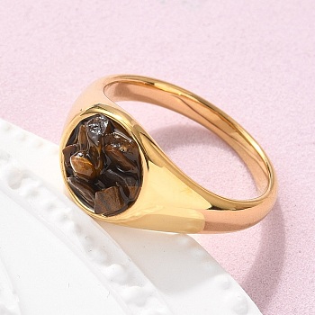 Round Natural Tiger Eye Chips Finger Rings, 304 Stainless Steel Rings, Real 18K Gold Plated, 10.5mm, Inner Diameter: 17mm