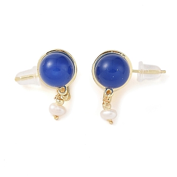 Natural Agate Dangle Earrings, Brass Pearl Stud Earrings for Women, Real 14K Gold Plated, 18x9.5mm