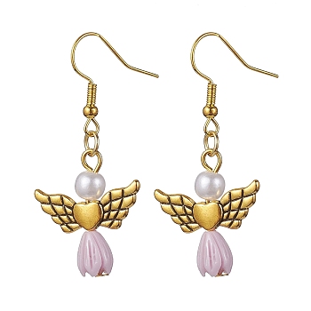 Angel Antique Golden Alloy & Resin Dangle Earrings, Imitation Pearl Acrylic Drop Earrings, Lilac, 45x21.5mm