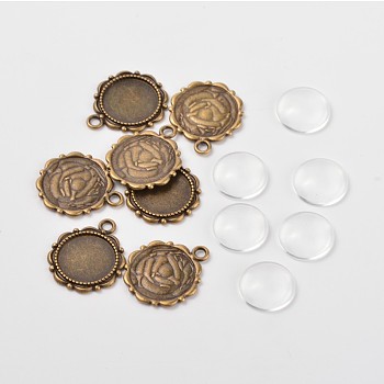 Flower Alloy Pendant Cabochon Settings and Half Round/Dome Clear Glass Cabochons, Lead Free & Nickel Free, Antique Bronze, Settings: Tray: 14mm, 23x18mm, Hole: 3mm, Glass Cabochons: 14x4.2mm