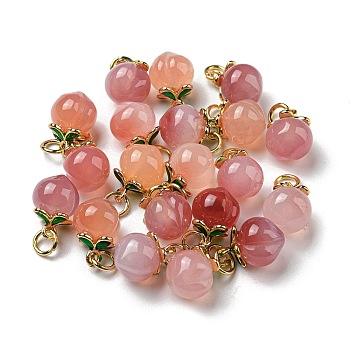 Natural Agate Peach Charms with Brass Jump Rings, Real 18K Gold Plated, 13x9x9mm, Hole: 3mm