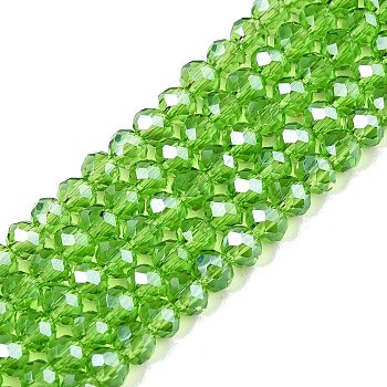 Electroplate Glass Beads Strands, Pearl Luster Plated, Faceted, Rondelle, Lime Green, 4x3mm, Hole: 0.4mm, about 113~115pcs/strand, 41~41.5cm