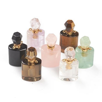 Natural Mixed Gemstone Pendants, Openable Perfume Bottle, with Golden Tone Brass Findings, 33~35x17~19x11~13mm, Hole: 2mm, capacity: 1ml(0.03 fl. oz)