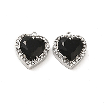 304 Stainless Steel Pendants, with Glass and Rhinestone, Heart Charms, Black, 16x14x5.7mm, Hole: 1.4mm