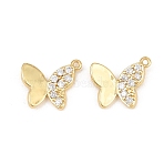 Brass Micro Pave Clear Cubic Zirconia Pendants, Butterfly Charms, Rack Plating, Long-Lasting Plated, Lead Free & Cadmium Free, Real 18K Gold Plated, 15.5x13x2.5mm, Hole: 1.1mm(CU-CBAFB7D-02G)