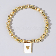 Personality Brass Round Bead Beaded Stretch Bracelets, with Rectangle Brass Enamel Charms for Women, Heart, 6-7/8 inch(17.5cm)(ST0339-2)