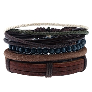 4Pcs 4 Style Adjustable Braided Cowhide Leather Cord Bracelets Set, Wood Beaded Stretch Bracelets with Waxed Cord for Men, Mixed Color, 2~2-7/8 inch(5~7.3cm), 1Pc/style(BJEW-F458-16)