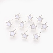 Brass Stud Earring Findings, with Loop, Enamel, Nickel Free, Star, Real Platinum Plated, White, 9.5x10x1.5mm, Hole: 1.5mm, Pin: 0.8mm(KK-P153-23P-02-NF)