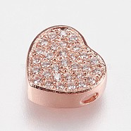 Brass Micro Pave Cubic Zirconia Beads, Heart, Clear, Rose Gold, 9x9.5x4mm, Hole: 1.2mm(KK-I614-055RG)