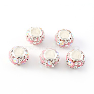 Handmade Polymer Clay Rhinestone European Beads, Large Hole Beads, with Brass Silver Color Core, Rondelle, Pink, 11x7.5mm, Hole: 5mm(FPDL-S016-001G)