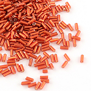 Glass Bugle Beads, Silver Lined, Red, 4~4.5x2mm, Hole: 1mm, about 450g/bag, 14000pcs/bag(SEED-R011-25)