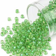 TOHO Round Seed Beads, Japanese Seed Beads, (184) Inside Color Luster Crystal/Spearmint Lined, 8/0, 3mm, Hole: 1mm, about 222pcs/bottle, 10g/bottle(SEED-JPTR08-0184)