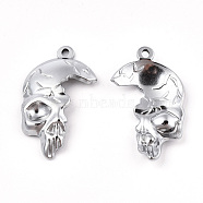 201 Stainless Steel Pendants, Skull, Stainless Steel Color, 30x17x4mm, Hole: 1.6mm(STAS-N098-064P)