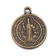 Tibetan Style Alloy Pendants, Saint Benedict Medal, Cadmium Free & Nickel Free & Lead Free, Flat Round, Antique Bronze Color, Size: about 21mm long, 18mm wide, 2mm thick, hole: 1mm(TIBEB-A9489-AB-FF)