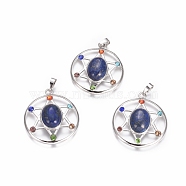 Chakras Style, Natural Lapis Lazuli Pendants, with Platinum Tone Brass Findings and Rhinestone, Flat Round with Star, Dyed, 38.5x34x8.5mm, Hole: 7x4mm(G-L512-Q08)