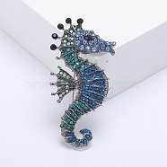 Alloy Brooches, Rhinestone Pin, Jewely for Women, Sea Horse, Blue, 58x29mm(PW-WG23912-03)