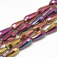 Electroplate Glass Beads Strands, Faceted Teardrop, Camellia, 9~9.5x4mm, Hole: 1mm, about 72pcs/strand, 25.98 inch(EGLA-Q099-D01)