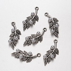Alloy Pendants, with Acrylic Round Beads, Leaf, Antique Silver, 32x13x6mm, Hole: 1.5mm(PALLOY-K192-49AS)