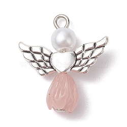 Resin Imitation Pearl Pendants, Rose Angel Charms with Antique Silver Plated Alloy Heart Wings, Indian Red, 23.5~24x21.5x7mm, Hole: 1.8~2.2mm(PALLOY-JF02566-06)