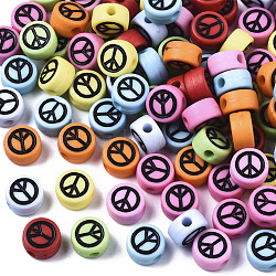 Opaque Acrylic Beads, with Enamel, Flat Round with Peace Sign, Mixed Color, 7x4mm, Hole: 1.6mm, about 3650pcs/500g(MACR-N008-20A)