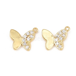 Brass Micro Pave Clear Cubic Zirconia Pendants, Butterfly Charms, Rack Plating, Long-Lasting Plated, Lead Free & Cadmium Free, Real 18K Gold Plated, 15.5x13x2.5mm, Hole: 1.1mm(CU-CBAFB7D-02G)