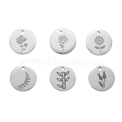 12Pcs 6 Style 304 Stainless Steel Plant Charms, Laser Cut, Flat Round, Stainless Steel Color, 2pcs/style(STAS-CJ0001-140)