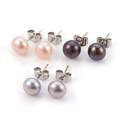 Natural Pearl Beads Ear Studs, with 304 Stainless Steel Findings, Round, Mixed Color, 16~18x5~7mm, Pin: 0.7mm(EJEW-JE02880)