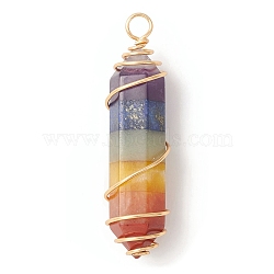 7 Chakra Gemstone Double Terminal Pointed Pendants, Copper Wire Wrapped Gems Faceted Bullet Charms, Light Gold, 49x12x13mm, Hole: 3.7mm(PALLOY-TA00057-02)