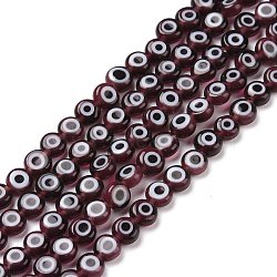 Handmade Lampwork Beads, Flat Round with Evil Eye, Dark Violet, 4.5x2.5mm, Hole: 0.6mm, about 90~100pcs/strand, 15.35''~15.75''(39~40cm)(LAMP-P056-01D)