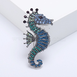 Alloy Brooches, Rhinestone Pin, Jewelry for Women, Sea Horse, Blue, 58x29mm(PW-WG23912-03)