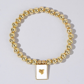 Personality Brass Round Bead Beaded Stretch Bracelets, with Rectangle Brass Enamel Charms for Women, Heart, 6-7/8 inch(17.5cm)