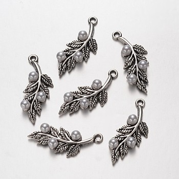 Alloy Pendants, with Acrylic Round Beads, Leaf, Antique Silver, 32x13x6mm, Hole: 1.5mm