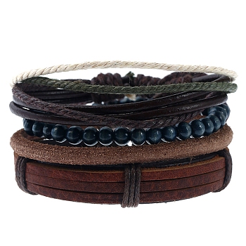 4Pcs 4 Style Adjustable Braided Cowhide Leather Cord Bracelets Set, Wood Beaded Stretch Bracelets with Waxed Cord for Men, Mixed Color, 2~2-7/8 inch(5~7.3cm), 1Pc/style