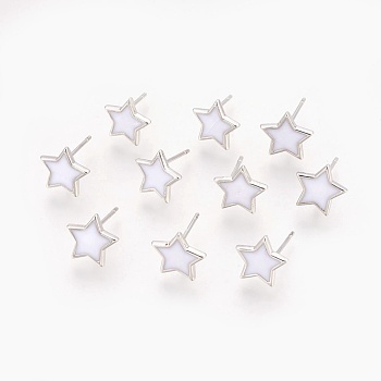 Brass Stud Earring Findings, with Loop, Enamel, Nickel Free, Star, Real Platinum Plated, White, 9.5x10x1.5mm, Hole: 1.5mm, Pin: 0.8mm
